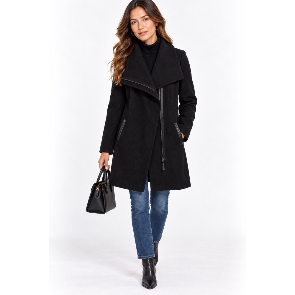 Mackage Wool Cashmere Coat Asymmetrical Leather Trim Chic Luxury S Black